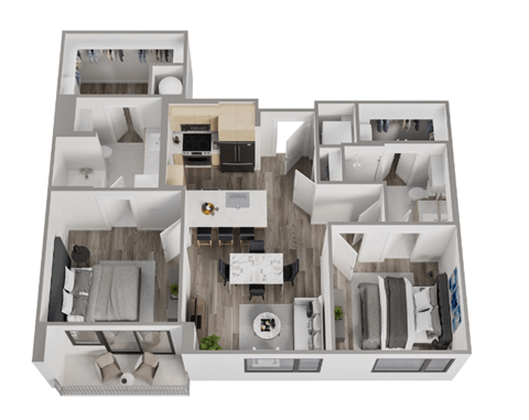 a 3d floor plan of a house with wood floors